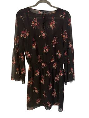 White House Black Market Black Floral Long-Sleeve Tie-Neck Mini Dress Size Small